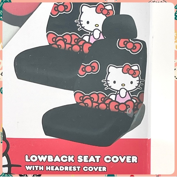 New HELLO KITTY w BOWS Set of 2 Lowback Car SEAT COVERS w Vehicle Headrest Cover - Picture 3 of 10